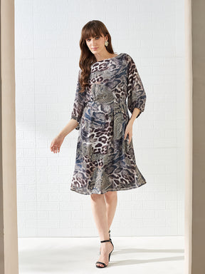 Latin Quarters Women's Black 3/4Th Sleeves Boat Neck Printed Casual Knee Length Dress