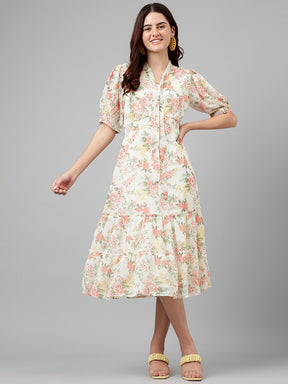 Latin Quarters Women Fit & Flare Pink Half Sleeve V-Neck Printed Casual Dress