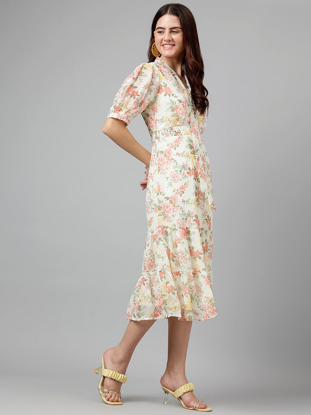 Latin Quarters Women Fit & Flare Pink Half Sleeve V-Neck Printed Casual Dress