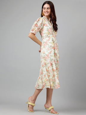 Latin Quarters Women Fit & Flare Pink Half Sleeve V-Neck Printed Casual Dress