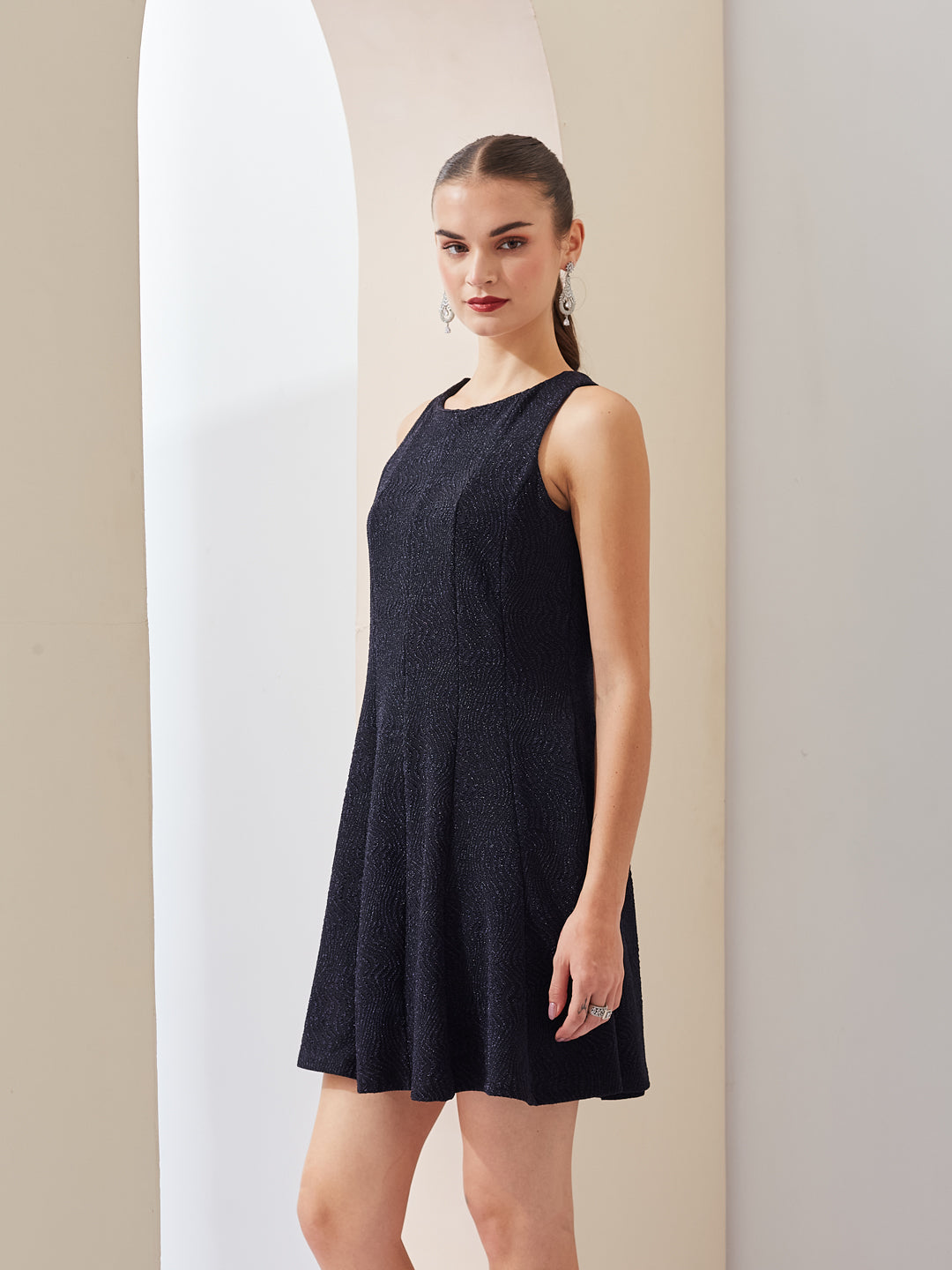 Latin Quarters Women Bodycon Navy Blue Sleevelesss Round Neck Solid Party Dress