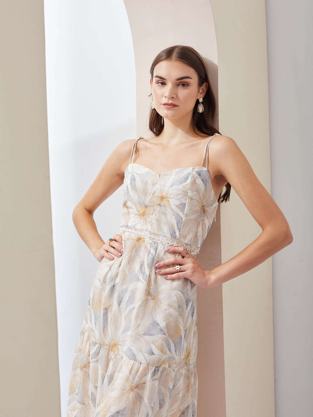 Latin Quarters Women Fit & Flare Grey Strap Sweetheart Neck Printed Casual Dress