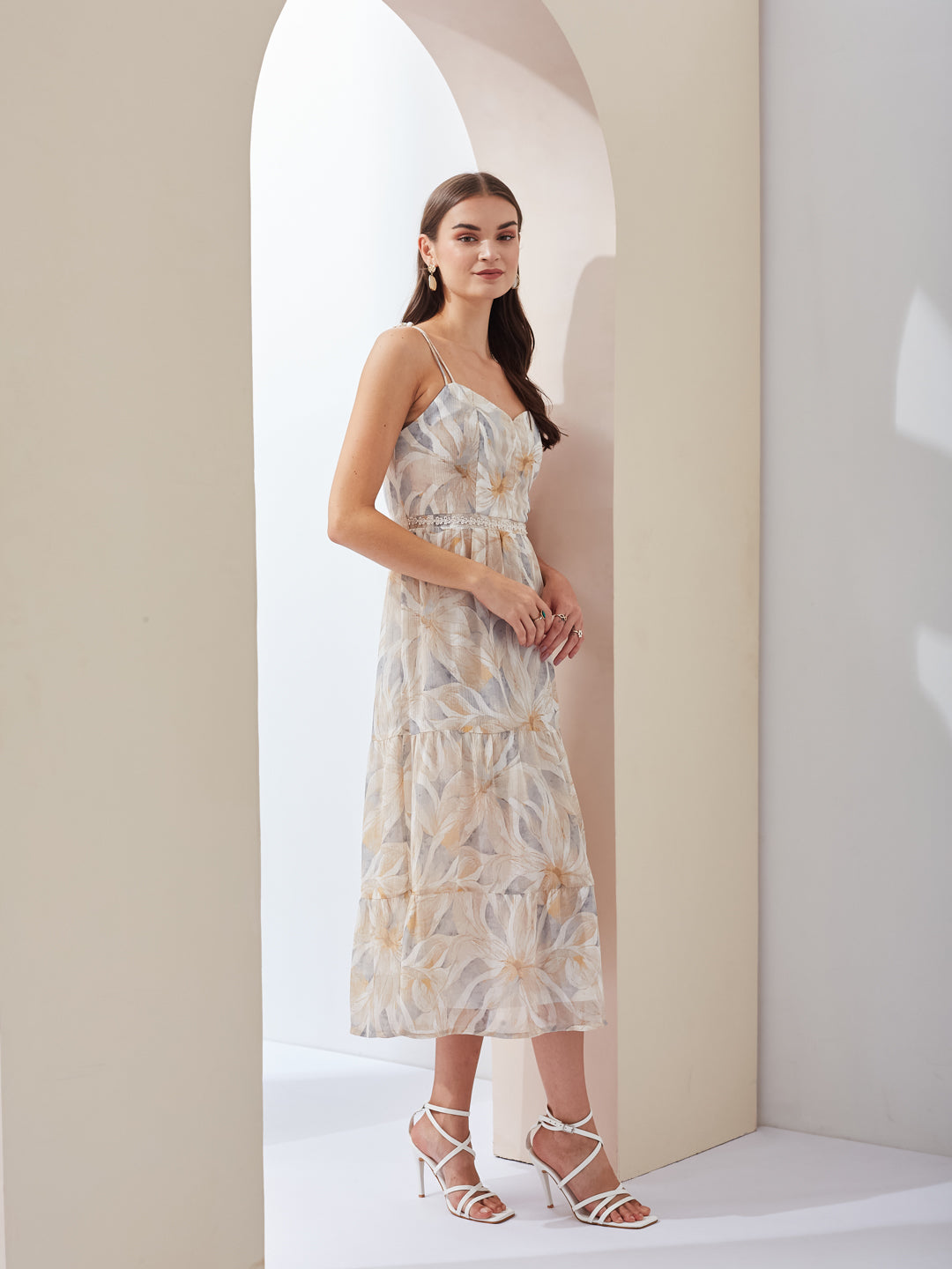 Latin Quarters Women Fit & Flare Grey Strap Sweetheart Neck Printed Casual Dress
