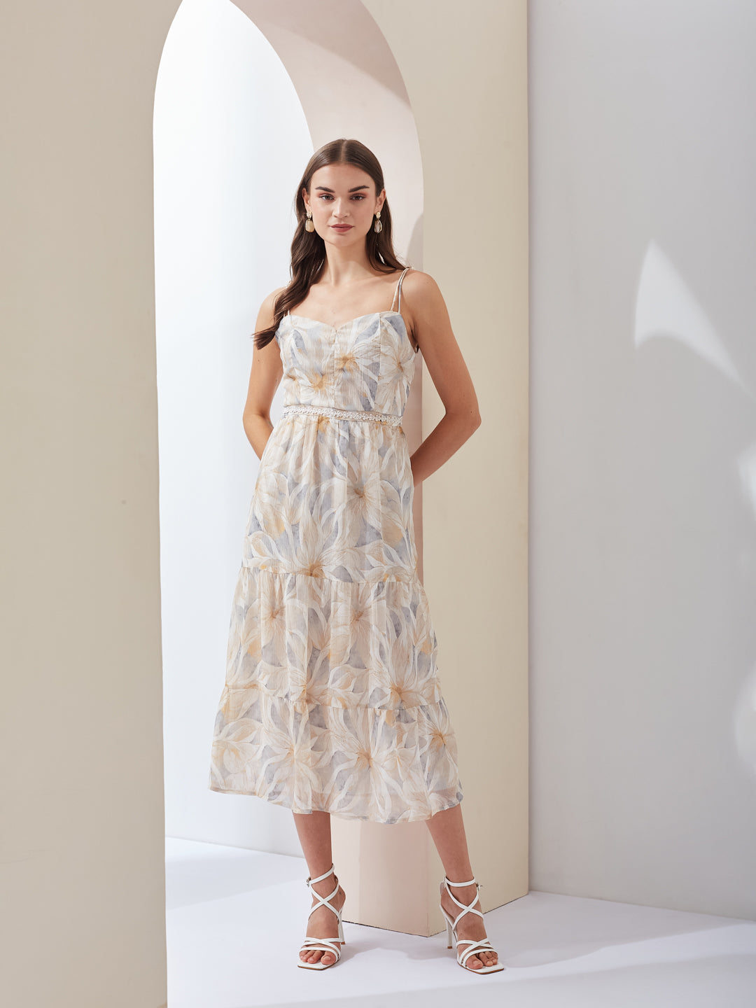 Latin Quarters Women Fit & Flare Grey Strap Sweetheart Neck Printed Casual Dress