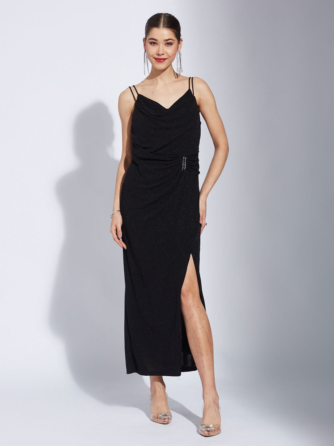 Latin Quarters Women Black Strap V-Neck Solid Party Slit Dress