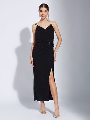 Latin Quarters Women Black Strap V-Neck Solid Party Slit Dress