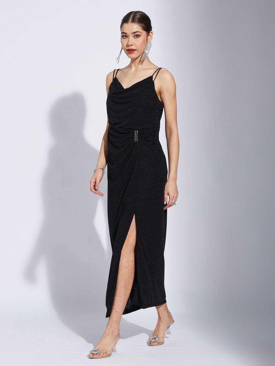 Latin Quarters Women Black Strap V-Neck Solid Party Slit Dress