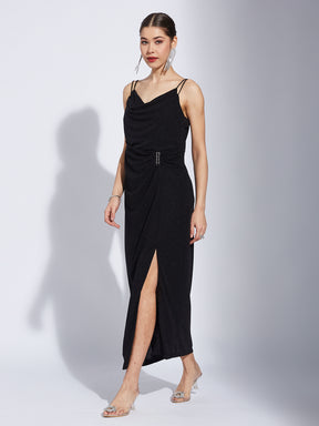 Latin Quarters Women Black Strap V-Neck Solid Party Slit Dress