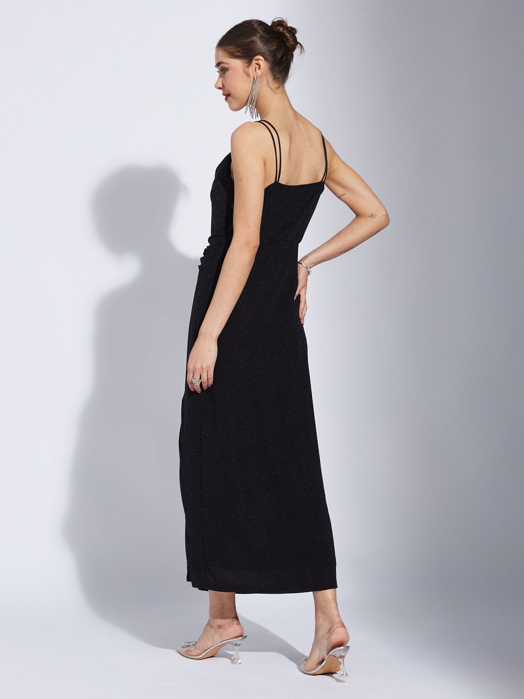 Latin Quarters Women Black Strap V-Neck Solid Party Slit Dress
