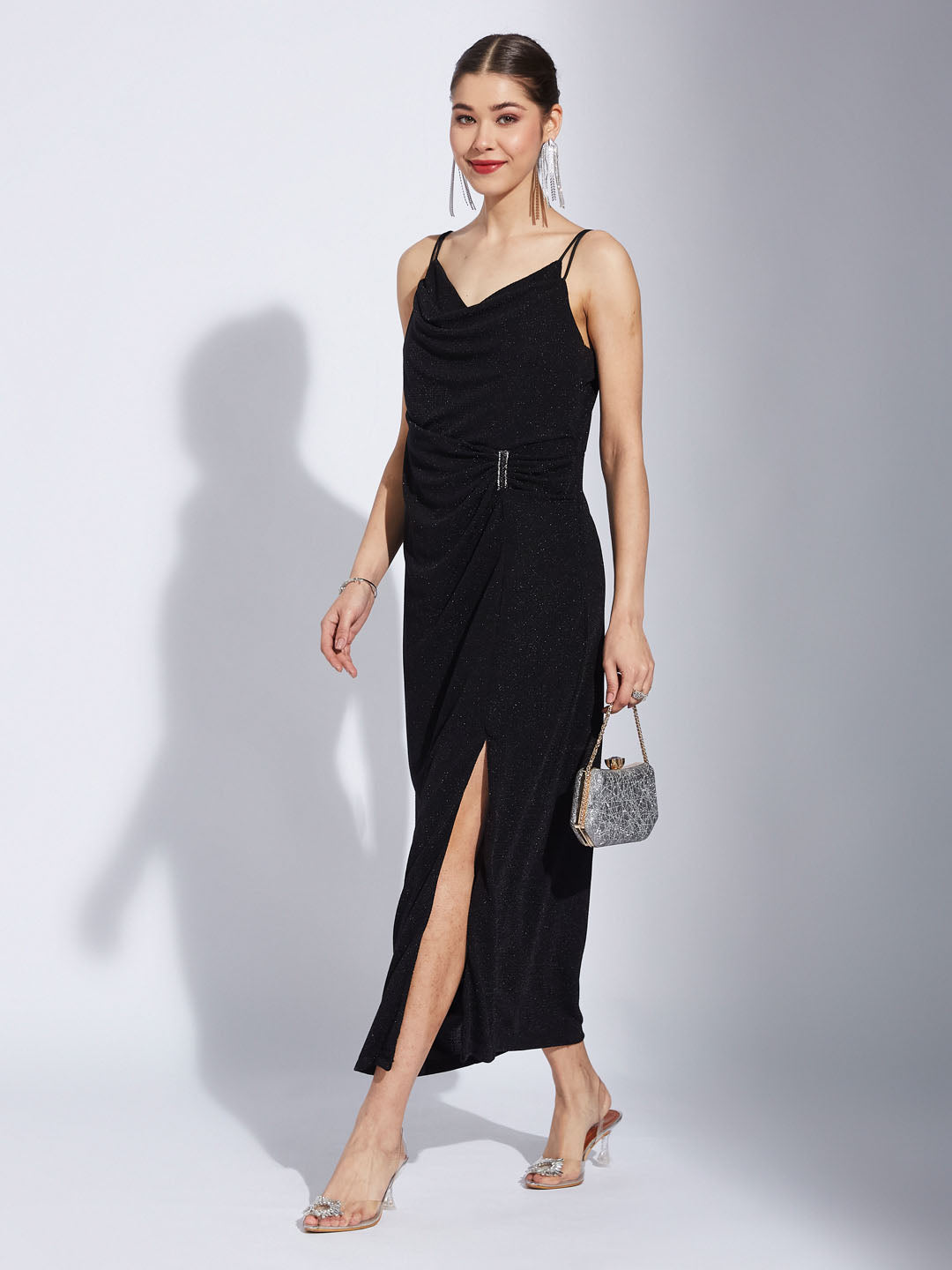 Latin Quarters Women Black Strap V-Neck Solid Party Slit Dress