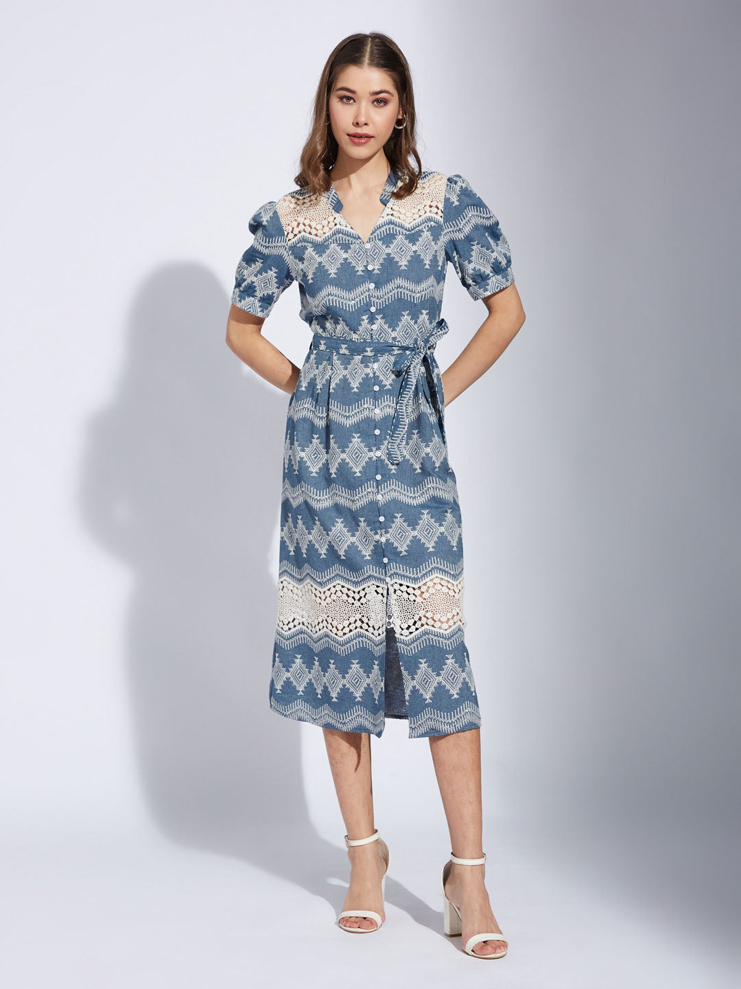 Latin Quarters Women'S Blue V-Neck Half Sleeves Embroidery Casual Shirt Dress