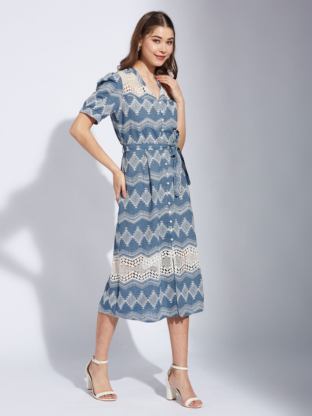 Latin Quarters Women'S Blue V-Neck Half Sleeves Embroidery Casual Shirt Dress