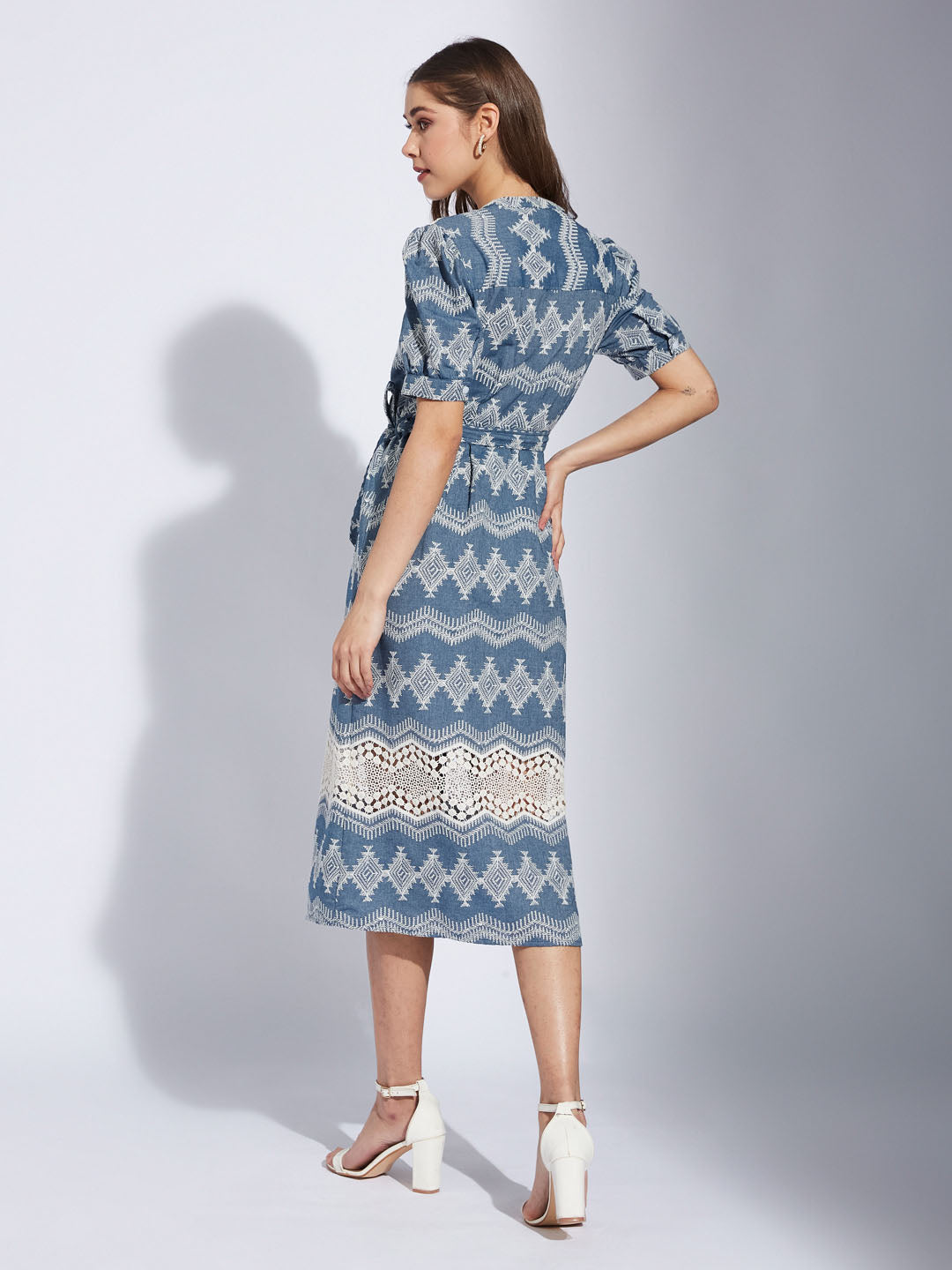 Latin Quarters Women'S Blue V-Neck Half Sleeves Embroidery Casual Shirt Dress