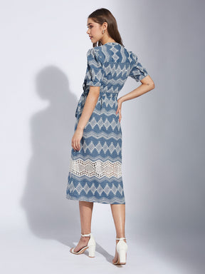 Latin Quarters Women'S Blue V-Neck Half Sleeves Embroidery Casual Shirt Dress