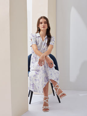 Latin Quarters Women White Printed Collared Short Sleeve Casual Midi A-Line Dress