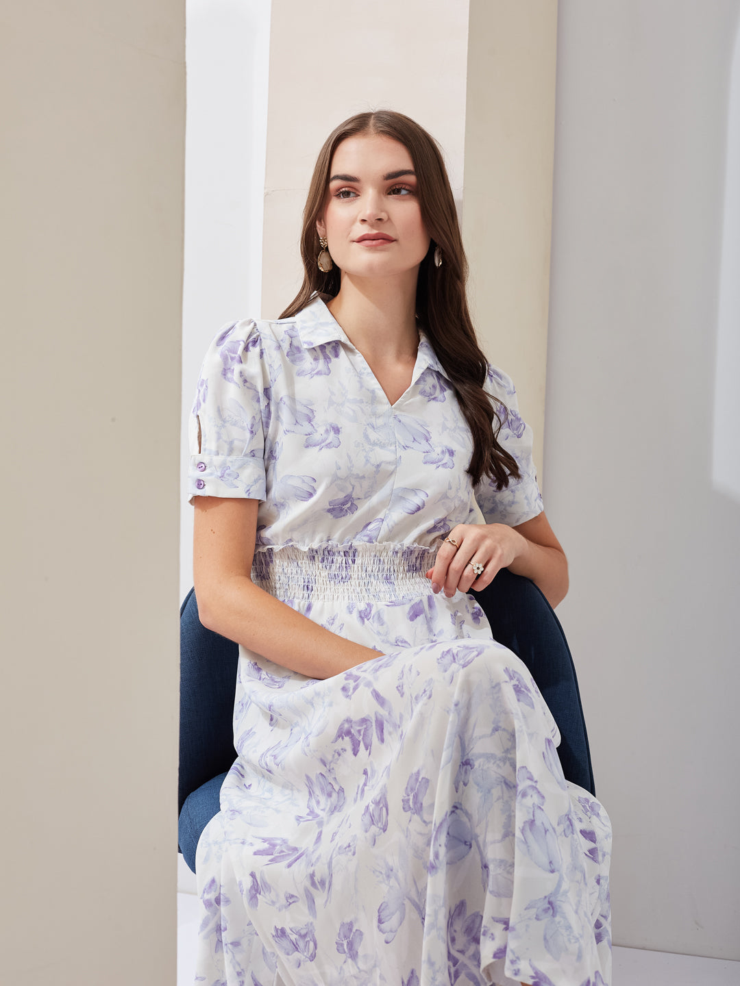 Latin Quarters Women White Printed Collared Short Sleeve Casual Midi A-Line Dress