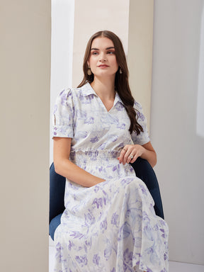 Latin Quarters Women White Printed Collared Short Sleeve Casual Midi A-Line Dress