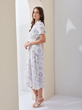 Latin Quarters Women White Printed Collared Short Sleeve Casual Midi A-Line Dress