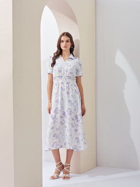 Latin Quarters Women White Printed Collared Short Sleeve Casual Midi A-Line Dress