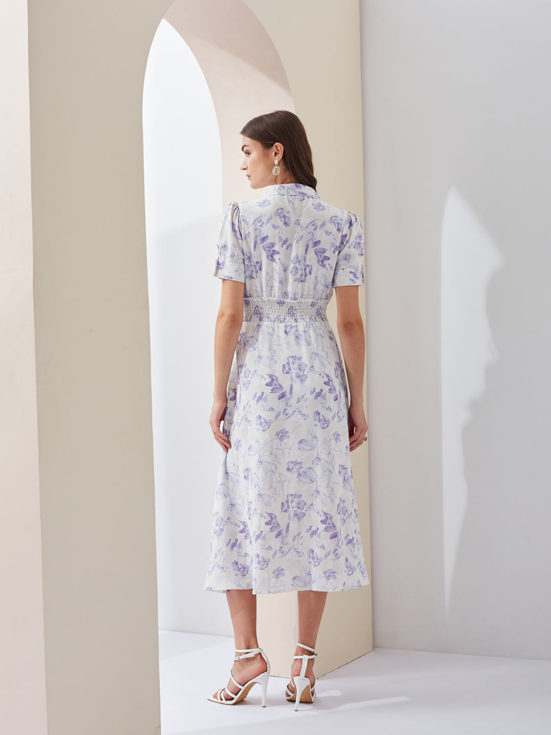 Latin Quarters Women White Printed Collared Short Sleeve Casual Midi A-Line Dress