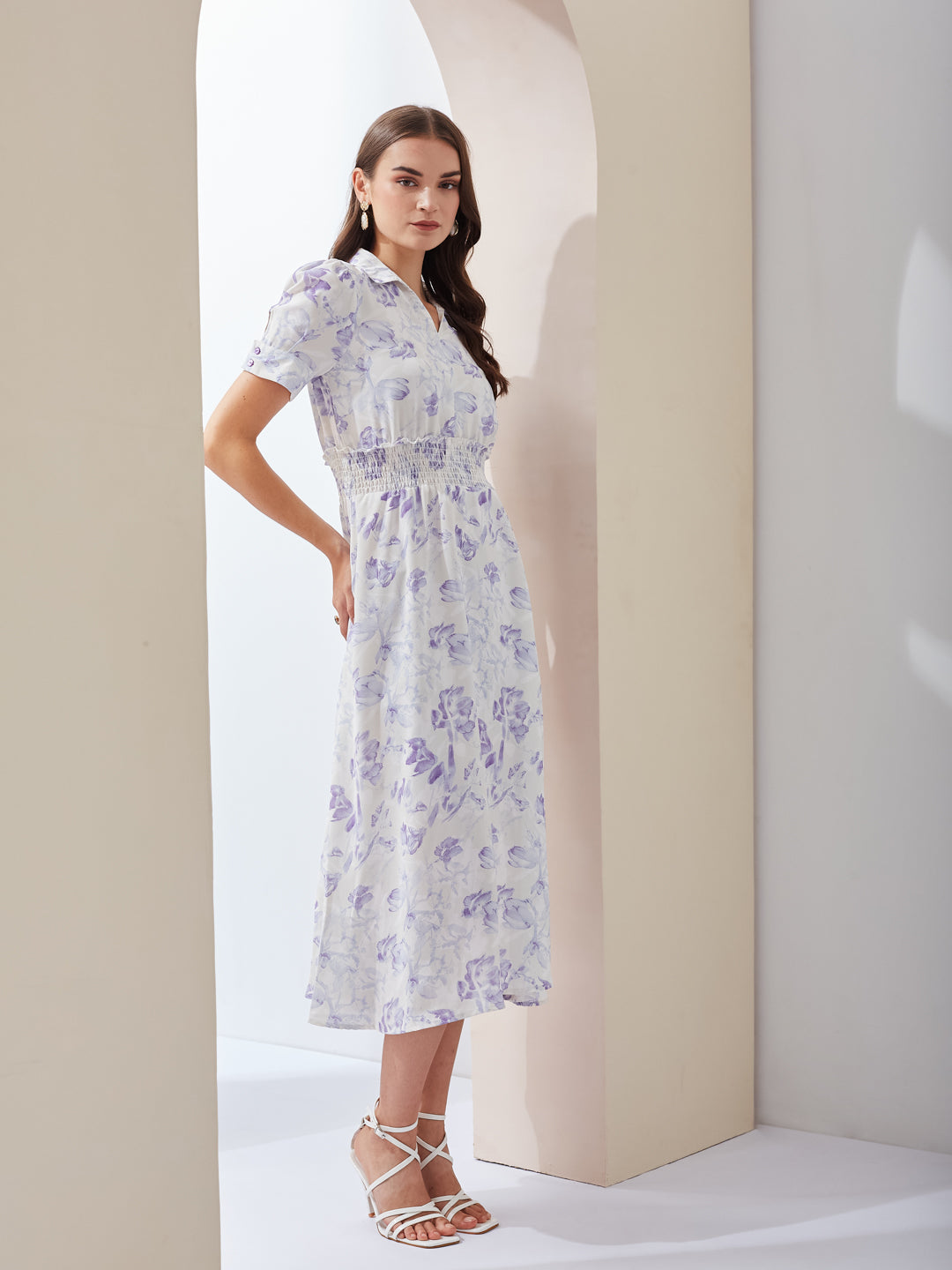 Latin Quarters Women White Printed Collared Short Sleeve Casual Midi A-Line Dress