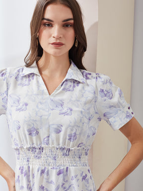 Latin Quarters Women White Printed Collared Short Sleeve Casual Midi A-Line Dress