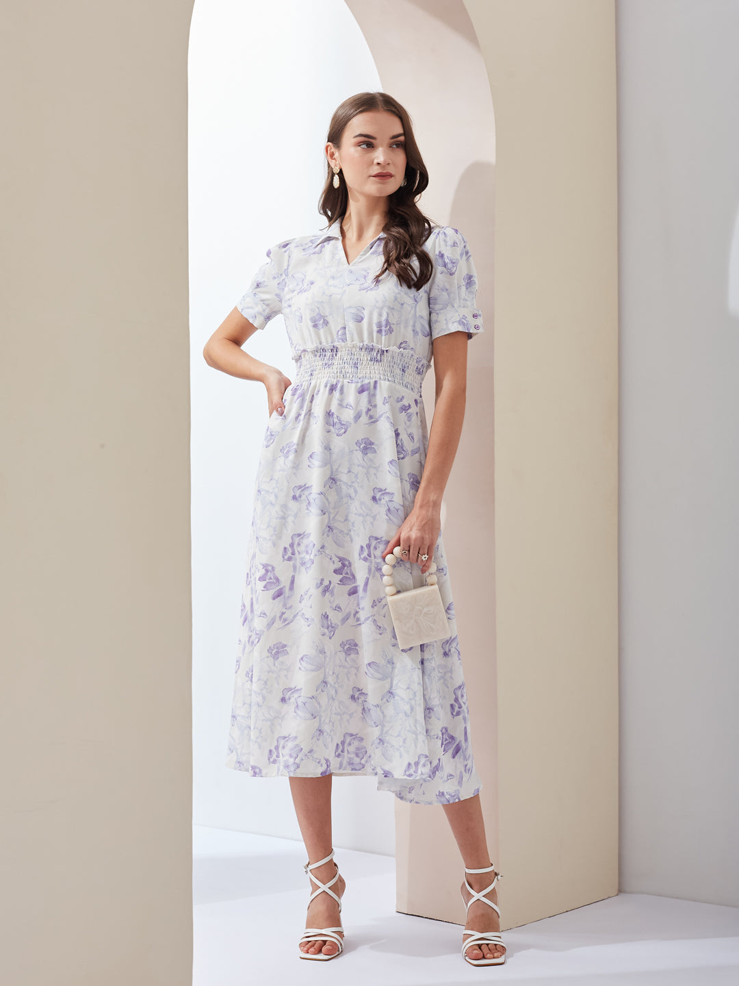 Latin Quarters Women White Printed Collared Short Sleeve Casual Midi A-Line Dress