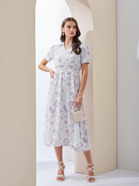 Latin Quarters Women White Printed Collared Short Sleeve Casual Midi A-Line Dress