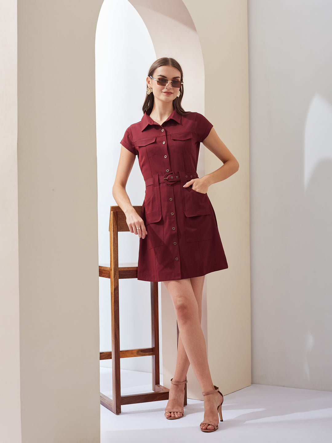 Latin Quarters Women Maroon Solid Collared Short Sleeve Casual Mini Shirt Dress