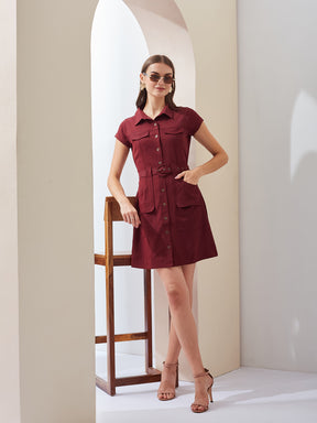 Latin Quarters Women Maroon Solid Collared Short Sleeve Casual Mini Shirt Dress