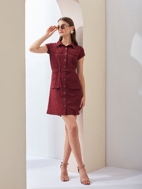 Latin Quarters Women's Maroon Short Sleeve Collar Neck Casual Solid Dress