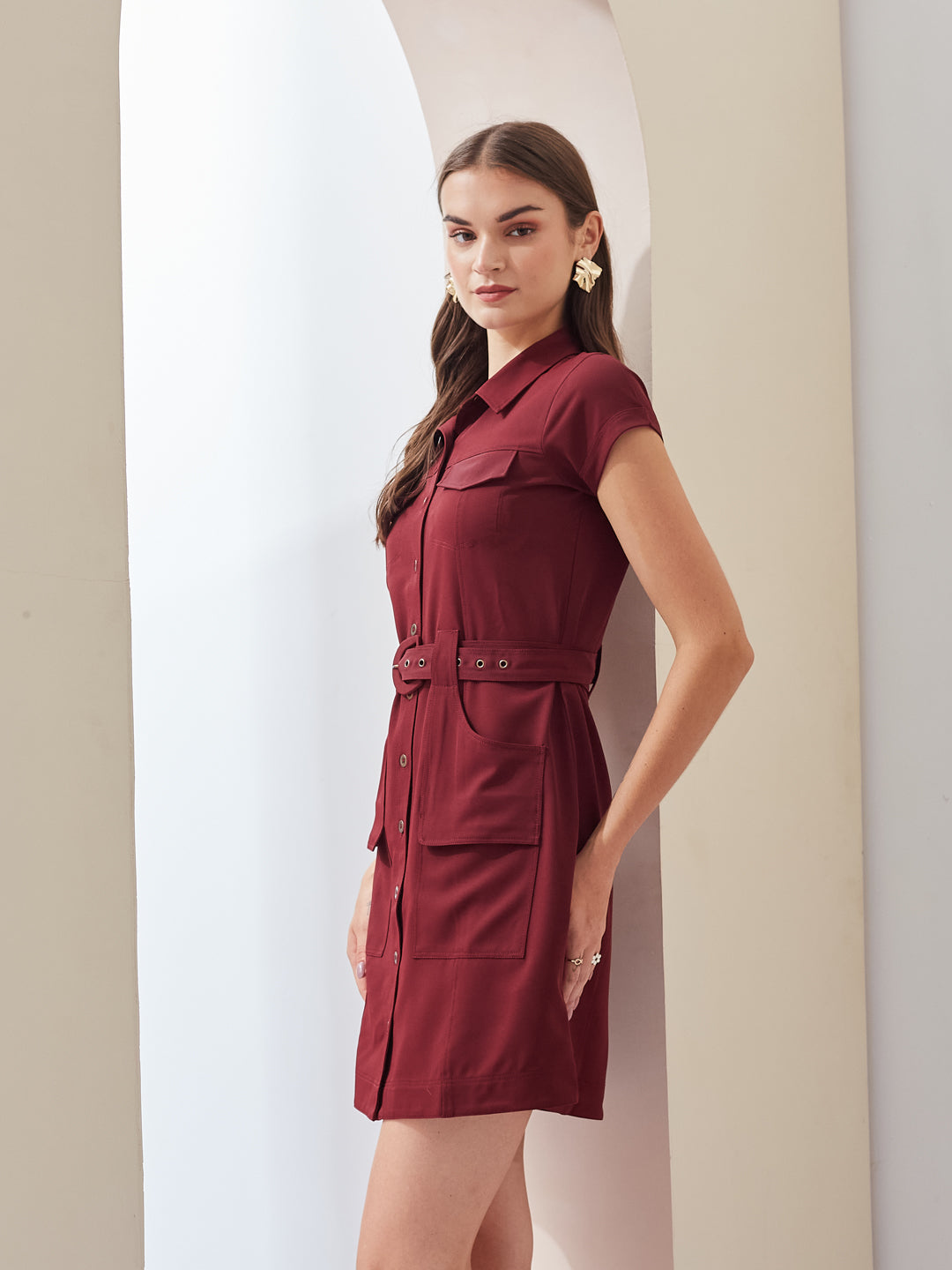 Latin Quarters Women Maroon Solid Collared Short Sleeve Casual Mini Shirt Dress