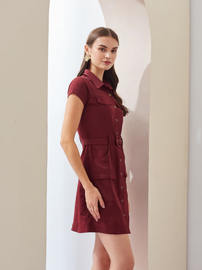 Latin Quarters Women's Maroon Short Sleeve Collar Neck Casual Solid Dress