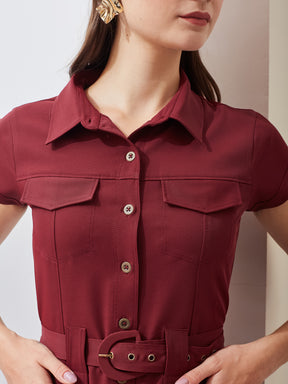 Latin Quarters Women's Maroon Short Sleeve Collar Neck Casual Solid Dress