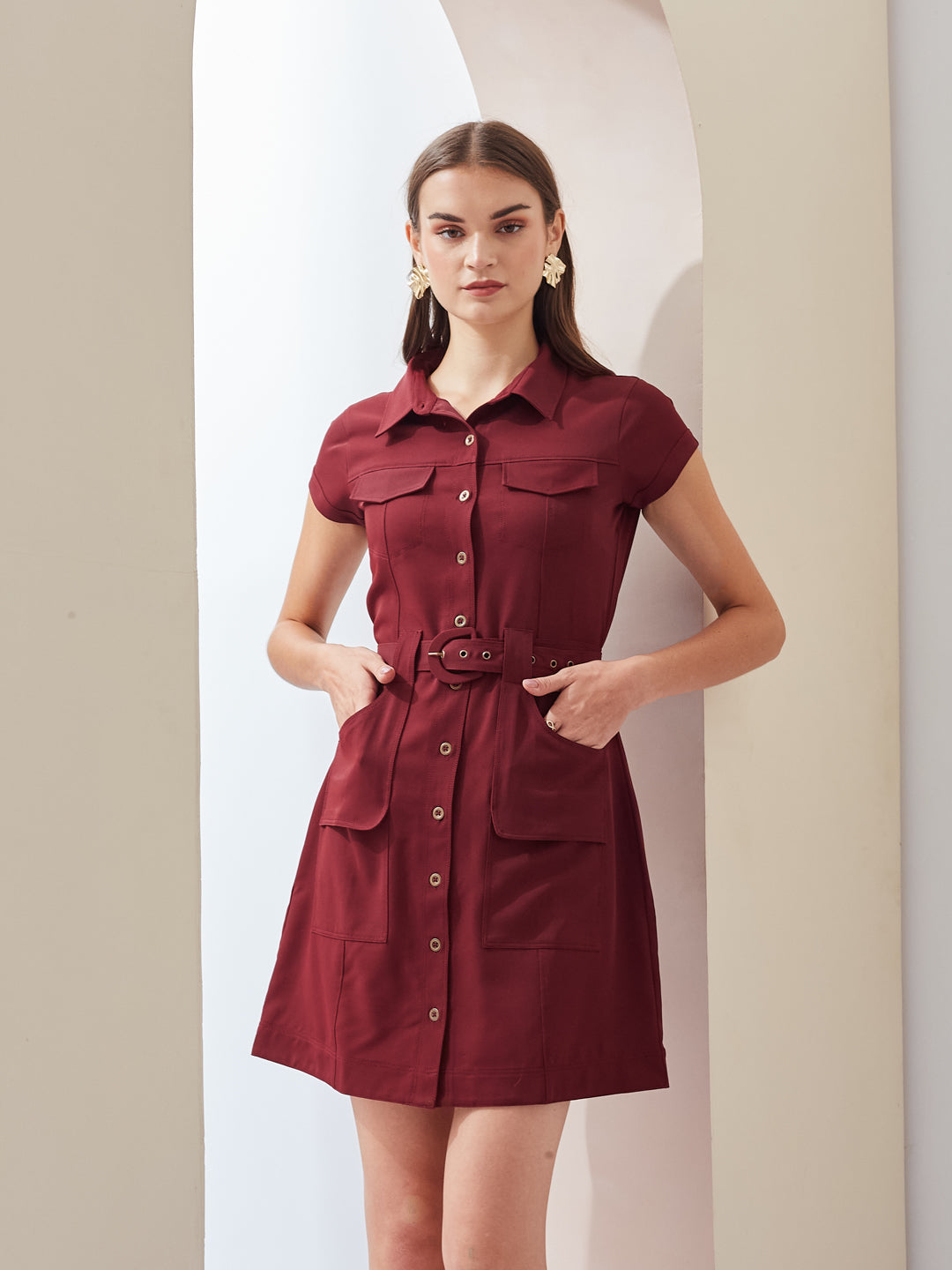Latin Quarters Women Maroon Solid Collared Short Sleeve Casual Mini Shirt Dress
