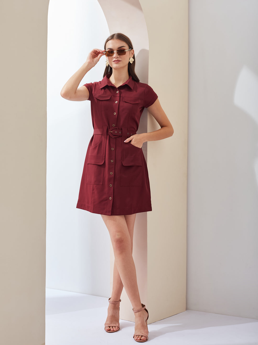 Latin Quarters Women Maroon Solid Collared Short Sleeve Casual Mini Shirt Dress