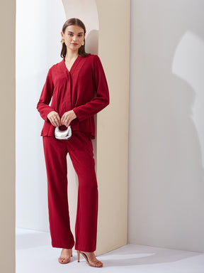 Latin Quarters Women Solid Red Full Sleeves V-neck High Rise Casual Co-ord Set