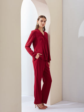 Latin Quarters Women Solid Red Full Sleeves V-neck High Rise Casual Co-ord Set