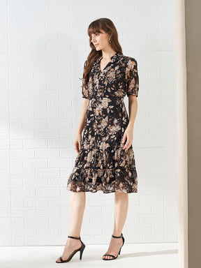 Latin Quarters Women's Black Half Sleeves V-Neck Printed Casual Midi Dress