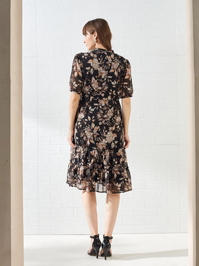 Latin Quarters Women's Black Half Sleeves V-Neck Printed Casual Midi Dress