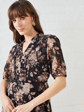 Latin Quarters Women's Black Half Sleeves V-Neck Printed Casual Midi Dress