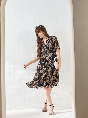 Latin Quarters Women's Black Half Sleeves V-Neck Printed Casual Midi Dress