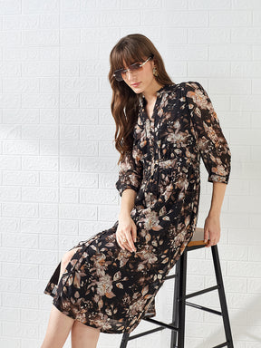 Latin Quarters Women's Black 3/4Th Sleeves Mandarin Collar Printed Casual Midi Dress