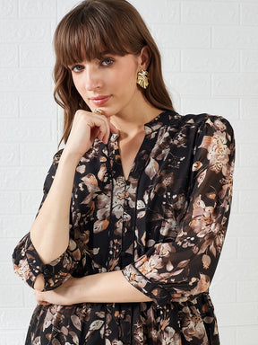 Latin Quarters Women's Black 3/4Th Sleeves Mandarin Collar Printed Casual Midi Dress