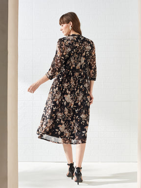 Latin Quarters Women's Black 3/4Th Sleeves Mandarin Collar Printed Casual Midi Dress