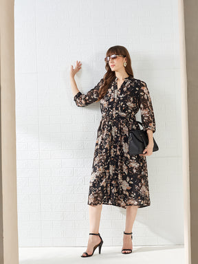 Latin Quarters Women's Black 3/4Th Sleeves Mandarin Collar Printed Casual Midi Dress