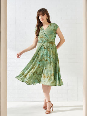 Latin Quarters Women Green Cap Sleeves V-Neck Printed Casual Midi Dress