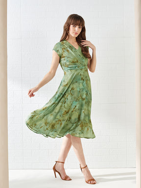 Latin Quarters Women Green Cap Sleeves V-Neck Printed Casual Midi Dress