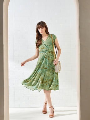 Latin Quarters Women's Green Cap Sleeves V-Neck Printed Casual Midi Dress