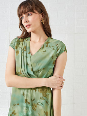 Latin Quarters Women's Green Cap Sleeves V-Neck Printed Casual Midi Dress